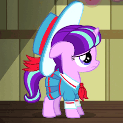 Size: 500x500 | Tagged: safe, screencap, snowfall frost, starlight glimmer, pony, unicorn, a hearth's warming tail, animated, clothes, cropped, cute, dress, eyes closed, female, filly, filly starlight glimmer, floppy ears, frown, gif, hat, looking down, open mouth, profile, raised hoof, sad, school uniform, smiling, solo, younger