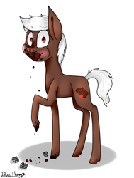 Size: 541x716 | Tagged: safe, artist:drawingpegasus, oc, oc only, oc:cherry cordial, earth pony, pony, blushing, caught, chocolate, food, solo, wrapper