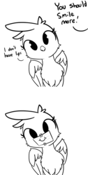 Size: 1280x2548 | Tagged: safe, artist:tjpones, oc, oc only, oc:some probably single female griffon, griffon, black and white, cheek fluff, chest fluff, comic, cute, dialogue, female, grayscale, griffon oc, monochrome, note, offscreen character, simple background, smiling, solo, tape, white background, wing fluff