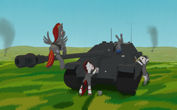 Size: 3200x2000 | Tagged: safe, artist:coreboot, oc, oc only, oc:devestator, oc:explosivepone, oc:nightwing, oc:prophet, bat pony, pony, commission, high res, jagdpanther, meadow, tank (vehicle), upside down, weapon