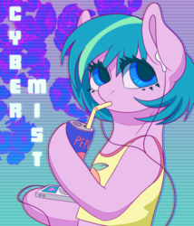 Size: 3600x4200 | Tagged: safe, artist:fawness, oc, oc only, oc:cyber mist, earth pony, pony, aesthetics, clothes, cute, drink, drinking, earbuds, high res, ipod, mp3 player, soda, solo, tank top, vaporwave