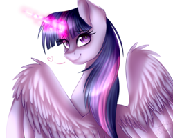 Size: 4000x3200 | Tagged: safe, artist:minelvi, artist:snowbunny0820, twilight sparkle, alicorn, pony, g4, bust, collaboration, colored pupils, eyelashes, female, glowing horn, heart, high res, horn, mare, simple background, smiling, solo, transparent background, twilight sparkle (alicorn)