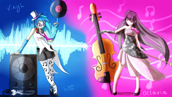 Size: 1920x1080 | Tagged: safe, artist:f1sh666, dj pon-3, octavia melody, vinyl scratch, human, g4, cello, clothes, dress, duo, hat, humanized, musical instrument, record, top hat, wub