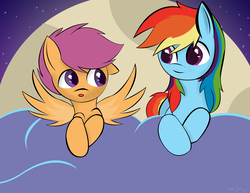 Size: 3300x2550 | Tagged: safe, artist:skyflys, rainbow dash, scootaloo, g4, cloud, cute, duo, high res, looking at each other, moon, night, night sky, on a cloud, prone, scootalove, spread wings, stars