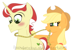 Size: 1024x709 | Tagged: safe, artist:ipandacakes, applejack, flim, g4, female, lasso, male, mouth hold, rope, ship:flimjack, shipping, simple background, straight, transparent background