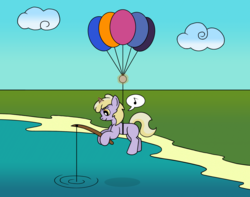 Size: 2496x1964 | Tagged: safe, artist:gogglesparks, dinky hooves, pony, g4, balloon, female, fishing, pond, solo