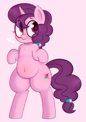 Size: 890x1260 | Tagged: safe, artist:toroitimu, sugar belle, pony, unicorn, g4, belly button, bipedal, blushing, chest fluff, chubby, female, heart, mare, plump, solo