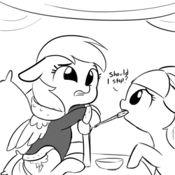 Size: 1280x1280 | Tagged: safe, artist:tjpones, rainbow dash, earth pony, pegasus, pony, applejack's "day" off, g4, ponyville confidential, bathrobe, clothes, cute, daaaaaaaaaaaw, dashabetes, dialogue, grayscale, hnnng, hooficure, monochrome, mouth hold, nail file, robe, simple background, spa, spa pony, tjpones is trying to murder us, white background, wince