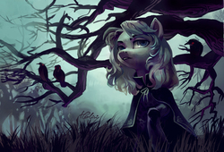 Size: 3459x2357 | Tagged: safe, artist:holivi, oc, oc only, bird, crow, earth pony, pony, cloak, clothes, dark, female, fog, forest, frown, glowing eyes, glowing eyes of doom, grass, high res, lidded eyes, looking up, mare, ominous, raised hoof, scenery, sinister, solo, tree