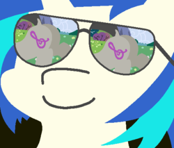 Size: 502x428 | Tagged: safe, artist:threetwotwo32232, dj pon-3, octavia melody, vinyl scratch, earth pony, pony, unicorn, g4, dock, female, glasses, lesbian, reflection, ship:scratchtavia, shipping