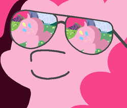 Size: 502x428 | Tagged: safe, artist:threetwotwo32232, pinkie pie, earth pony, pony, g4, dock, glasses, paradox, pinkie being pinkie, reflection, self ponidox