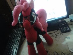 Size: 960x720 | Tagged: safe, artist:tonystorm12, pinkie pie, earth pony, pony, g4, calculator, clothes, computer, cosplay, costume, deadpool, glasses, irl, keyboard, marvel, photo, pinkiepool, plushie, solo