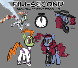 Size: 6336x5546 | Tagged: safe, artist:torusthescribe, fili-second, oc, oc only, oc:jackdaw zoccolo, oc:jiffy, earth pony, pony, absurd resolution, clothes, fedora, female, hat, lightning, mare, power ponies, reference sheet, simple background, solo, suit
