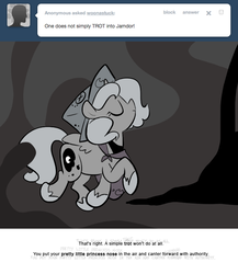 Size: 666x768 | Tagged: safe, artist:egophiliac, princess luna, the smooze, pony, moonstuck, g1, g4, cartographer's cap, female, filly, grayscale, hat, marauder's mantle, monochrome, solo, trotting, tumblr, tumblr comic, woona, younger