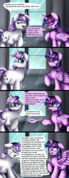 Size: 1289x3309 | Tagged: safe, artist:pridark, part of a set, twilight sparkle, twilight velvet, alicorn, pony, unicorn, comic:not again, g4, comic, crying, dialogue, eyes closed, grammar error, mother and daughter, open mouth, preglight velvet, pregnant, pregvelvet, raised hoof, sad, speech bubble, twilight sparkle (alicorn), window