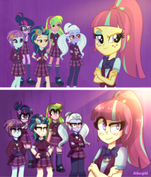 Size: 1786x2093 | Tagged: safe, artist:akapiiart, indigo zap, lemon zest, sci-twi, sour sweet, sugarcoat, sunny flare, twilight sparkle, equestria girls, g4, my little pony equestria girls: friendship games, clothes, crystal prep academy uniform, crystal prep shadowbolts, scene interpretation, school uniform