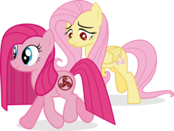 Size: 6653x5011 | Tagged: safe, artist:j5a4, fluttershy, pinkie pie, oc, oc:abigail, comic:when demons awake, g4, absurd resolution, alternate cutie mark, alternate eye color, cutie mark, duo, pinkamena diane pie, red eyes, sad, simple background, smiling, transparent background, triskelion, vector, walking