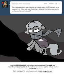 Size: 666x768 | Tagged: safe, artist:egophiliac, princess luna, the smooze, pony, moonstuck, g1, g4, cartographer's muffler, female, filly, food, grayscale, jam, marauder's mantle, monochrome, solo, tower, tumblr, tumblr comic, woona, woonoggles, younger