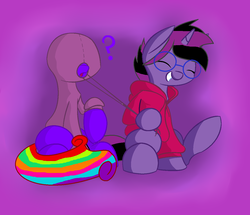 Size: 1196x1028 | Tagged: dead source, safe, artist:galaxypixies45, oc, oc only, oc:amellia rose, oc:midnight coda, alicorn, pony, alicorn oc, clothes, cute, glasses, hoodie, question mark, rainbow hair, request, requested art, shipping, smiling