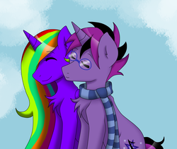 Size: 5000x4229 | Tagged: safe, artist:fusselx3, oc, oc only, oc:amellia rose, oc:midnight coda, alicorn, pony, absurd resolution, alicorn oc, clothes, cloud, cuddling, cute, glasses, rainbow hair, request, requested art, scarf, shipping, sky, smiling, snuggling