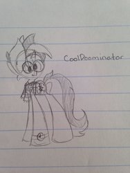 Size: 1024x1365 | Tagged: safe, artist:katelove77, oc, oc only, oc:midnight coda, pony, clothes, cute, glasses, lined paper, request, requested art, scarf, sketch, solo, text, traditional art, vest, watch