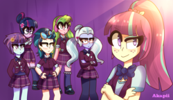 Size: 1786x1029 | Tagged: safe, artist:akapiiart, edit, indigo zap, lemon zest, sci-twi, sour sweet, sugarcoat, sunny flare, twilight sparkle, equestria girls, g4, my little pony equestria girls: friendship games, clothes, cropped, crystal prep academy uniform, crystal prep shadowbolts, looking at you, scene interpretation, school uniform, shadow six