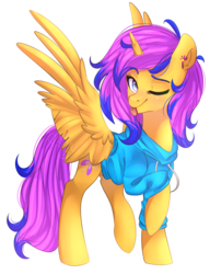 Size: 1024x1336 | Tagged: safe, artist:slasharu, oc, oc only, oc:lilac sketch, alicorn, pony, alicorn oc, clothes, female, hoodie, mare, one eye closed, raised hoof, simple background, solo, tongue out, transparent background, wink