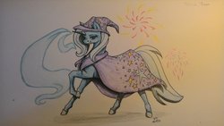 Size: 1024x576 | Tagged: safe, artist:oneiria-fylakas, trixie, pony, unicorn, g4, cape, clothes, female, hat, lidded eyes, looking at you, raised hoof, smiling, solo, traditional art, trixie's cape, trixie's hat