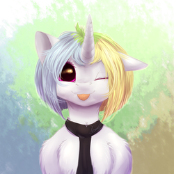 Size: 1000x1000 | Tagged: safe, artist:peachmayflower, oc, oc only, pony, unicorn, cute, fluffy, looking at you, necktie, ocbetes, one eye closed, smiling, solo, tongue out, wink
