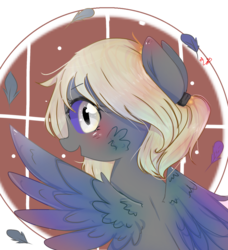 Size: 911x1000 | Tagged: safe, artist:windymils, oc, oc only, pegasus, pony, art trade, feather, female, looking at you, looking back, mare, open mouth, smiling, solo