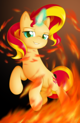 Size: 1024x1583 | Tagged: safe, artist:sycotei-b, sunset shimmer, pony, unicorn, g4, female, fiery shimmer, fire, grin, looking at you, magic, rearing, smiling, solo