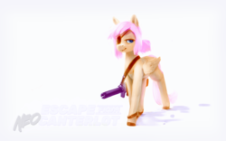 Size: 4093x2560 | Tagged: safe, artist:brainflowcrash, fluttershy, pony, g4, alternate hairstyle, alternate universe, cyberpunk, eyepatch, female, folded wings, gun, high res, lidded eyes, looking at you, solo, standing, title, weapon