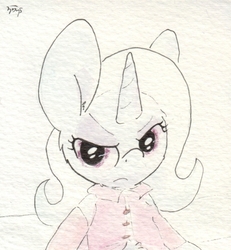 Size: 629x682 | Tagged: safe, artist:slightlyshade, trixie, pony, unicorn, big ears, bust, clothes, disappointed, female, grumpy, looking at you, portrait, solo, traditional art