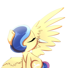 Size: 3000x2856 | Tagged: safe, artist:marukouhai, oc, oc only, oc:honeydew feather, pegasus, pony, eyes closed, female, high res, mare, offspring, parent:flash sentry, parent:twilight sparkle, parents:flashlight, simple background, solo, spread wings, white background