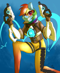 Size: 1024x1229 | Tagged: safe, artist:passigcamel, rainbow dash, anthro, crossover, female, goggles, grin, gun, overwatch, rainbow tracer, smiling, solo, tracer, weapon