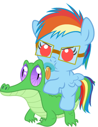 Size: 786x1017 | Tagged: safe, artist:red4567, gummy, rainbow dash, g4, ponies of dark water, cute, dashabetes, evil, evil rainbow dash, glasses, goggles, pacifier, ponies riding gators, pure unfiltered evil, riding, supersonic rainbow dash