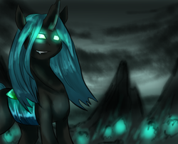 Size: 1051x854 | Tagged: dead source, safe, artist:not-ordinary-pony, queen chrysalis, pony, g4, evil smile, fangs, female, glowing eyes, grin, looking at you, mountain, smiling, solo