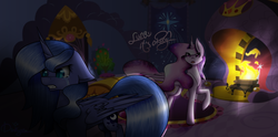 Size: 4038x2000 | Tagged: safe, artist:stormcloud-yt, princess celestia, princess luna, alicorn, pony, g4, crying, fireplace, high res, pink-mane celestia, raised hoof