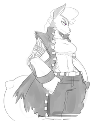 Size: 1035x1332 | Tagged: source needed, safe, artist:reiduran, oc, oc only, oc:doline, diamond dog, anthro, abs, belly button, breasts, clothes, female, female diamond dog, monochrome, muscles, muscular female, partial color, simple background, solo, white background