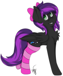 Size: 816x979 | Tagged: safe, artist:melonzy, oc, oc only, oc:sirius kimondo, pegasus, pony, bow, chest fluff, clothes, rule 63, simple background, smiling, socks, solo, striped socks, transparent background