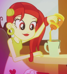 Size: 474x517 | Tagged: safe, screencap, rose heart, equestria girls, g4, music to my ears, bracelet, cropped, cup, ear piercing, earring, female, heart, honey, jewelry, piercing, solo, table, teabag, teacup