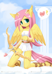 Size: 1075x1512 | Tagged: safe, artist:howxu, fluttershy, angel, pegasus, anthro, plantigrade anthro, g4, arrow, bow (weapon), bow and arrow, clothes, cloud, column, cupid, cute, female, fluttershy the angel, greek mythology, heart, heart arrow, kneeling, sandals, shyabetes, smiling, solo, weapon
