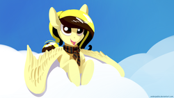 Size: 1920x1080 | Tagged: safe, artist:underpable, oc, oc only, oc:guylian hazelnut, pegasus, pony, clothes, cloud, commission, cute, female, mare, open mouth, scarf, smiling, solo