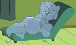Size: 2988x1806 | Tagged: safe, artist:badumsquish, derpibooru exclusive, oc, oc only, oc:tremble, goo pony, original species, g4, draw me like one of your french girls, dripping, fainting couch, female, lidded eyes, looking at you, lying down, melting, on side, one eye closed, pregnant, smiling, solo, transparent flesh, wink