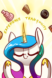 Size: 1181x1748 | Tagged: safe, artist:underpable, princess celestia, alicorn, pony, g4, cake, cakelestia, donut, eyes closed, female, food, overwatch, smiling, solo, zenyatta