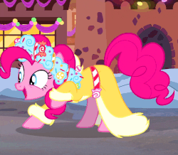 Size: 555x485 | Tagged: safe, screencap, pinkie pie, spirit of hearth's warming presents, earth pony, pony, a hearth's warming tail, g4, season 6, animated, clothes, cute, dress, female, gif, happy, horses doing horse things, loop, mare, open mouth, solo