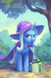 Size: 711x1080 | Tagged: safe, artist:cannibalus, trixie, pony, unicorn, g4, bush, cape, clothes, female, hat, lidded eyes, present, smiling, solo, tree, trixie's cape, trixie's hat
