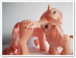 Size: 536x411 | Tagged: safe, artist:snuzzle, baby cherries jubilee, cherries jubilee, pony, g1, baby, baby pony, irl, photo, toy