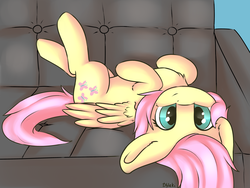 Size: 4000x3000 | Tagged: safe, artist:dbleki, fluttershy, pegasus, pony, g4, behaving like a cat, behaving like a dog, chest fluff, couch, cute, ear fluff, female, floppy ears, fluffy, fluffyball, flutterdog, happy, looking at you, lying, on back, one ear down, shyabetes, smiling, solo, sweet dreams fuel, upside down, wing fluff