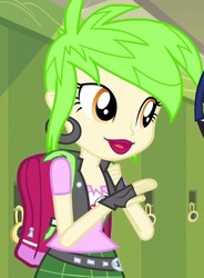 Size: 453x617 | Tagged: safe, screencap, cherry crash, sci-twi, twilight sparkle, equestria girls, g4, my little pony equestria girls: friendship games, background human, backpack, canterlot high, clothes, cropped, ear piercing, earring, female, fingerless gloves, gloves, jewelry, lockers, offscreen character, piercing, solo